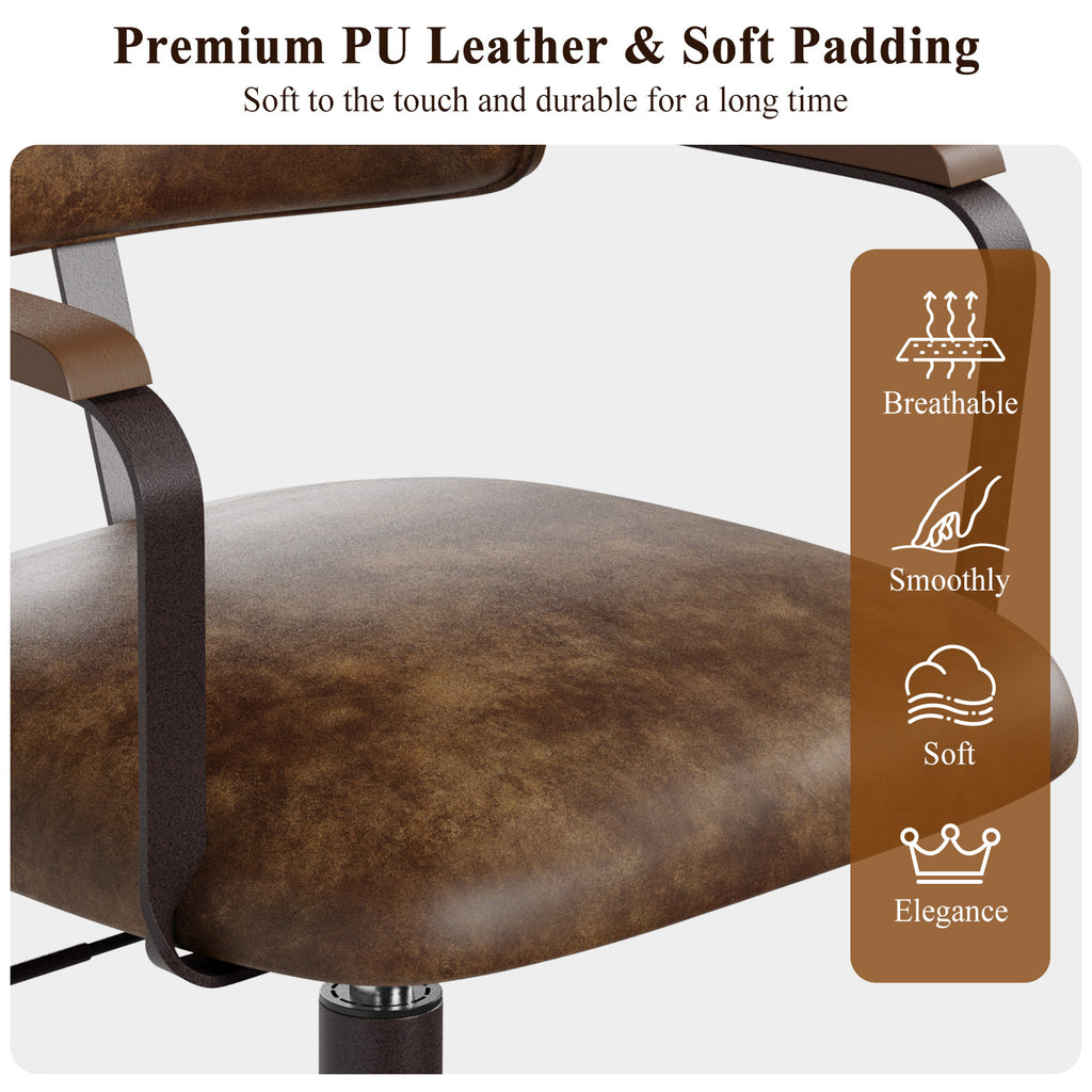 Mid-Century Modern Office Desk Chair Walnut Bentwood Brown | Wood Armrests, Walnut Bentwood Back, 360° Swivel, Height Adjustable, Quiet PU Wheels, Faux Leather, 300 lb Limit, Easy Clean