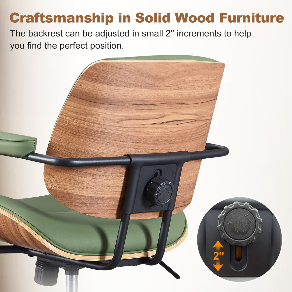 Mid Century Modern Office Chair with Armrest and Adjustable Backrest, Black | Wooden frame with armrests & adjustable backrest, swivel & height-adjustable, PU leather seat for home office comfort