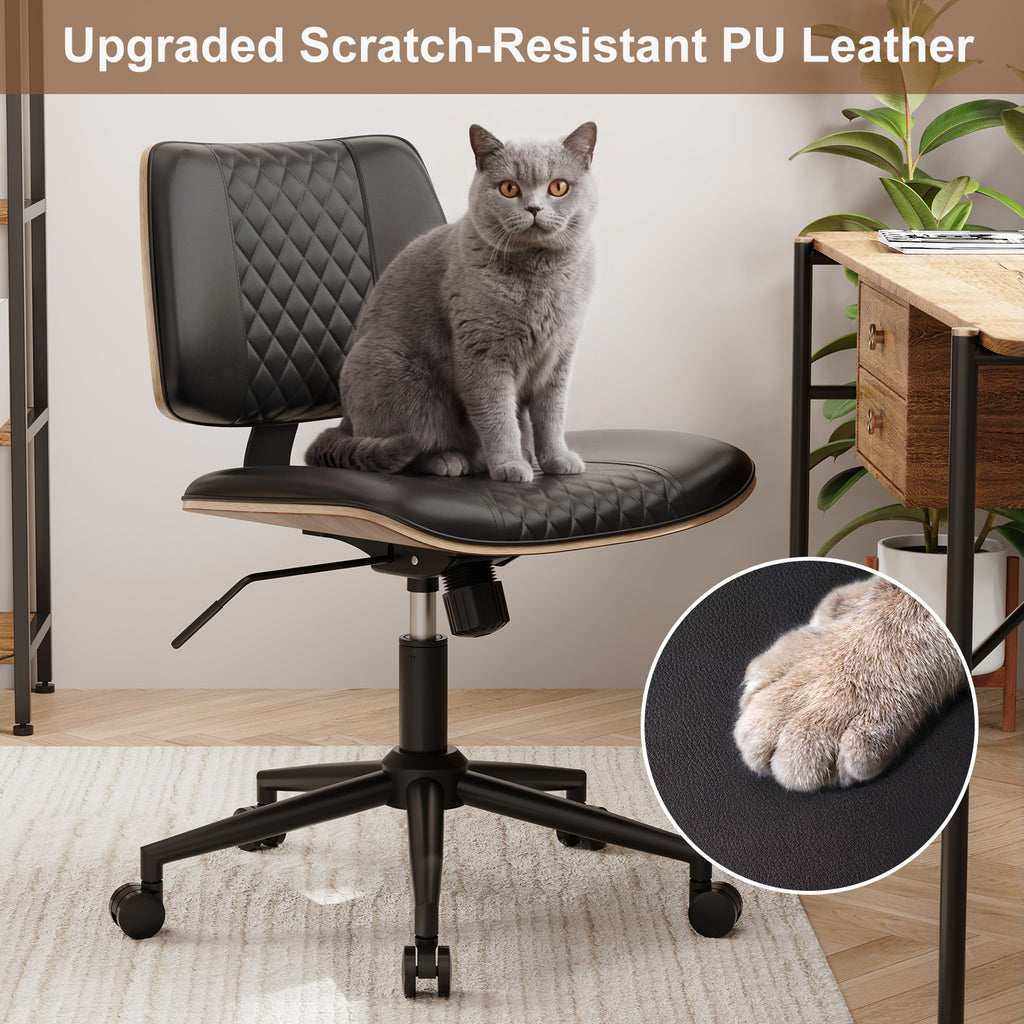 Home Office Chair No Arms with Wheels, Mid Back Walnut Style,Black-2 | Adjustable Height Small Desk Chair, PU Leather Mid Back 360 Swivel Computer Seating, Armless Walnut Office Chair, 300LBS