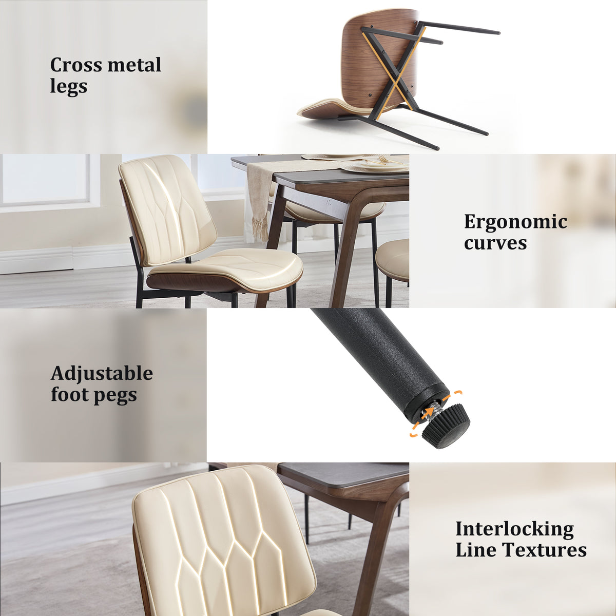 Mid Century Walnut Bentwood Armless Kitchen Dining Chairs Set of 4, Beige | PU leather seat with curved walnut bentwood back & metal legs, armless design, ideal for dining room, kitchen, or cafeteria