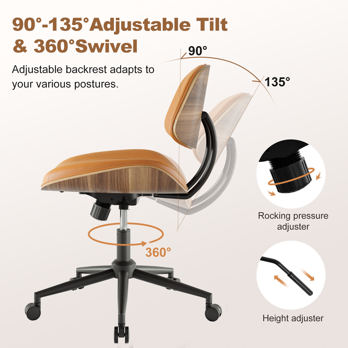 Armless Office Chair with Wheels, PU Leather Desk Chair, Black | Adjustable Height Task Chair, 360° Swivel Ergonomic Computer Chair for Small Space, Modern Walnut Style, Home & Meeting Room