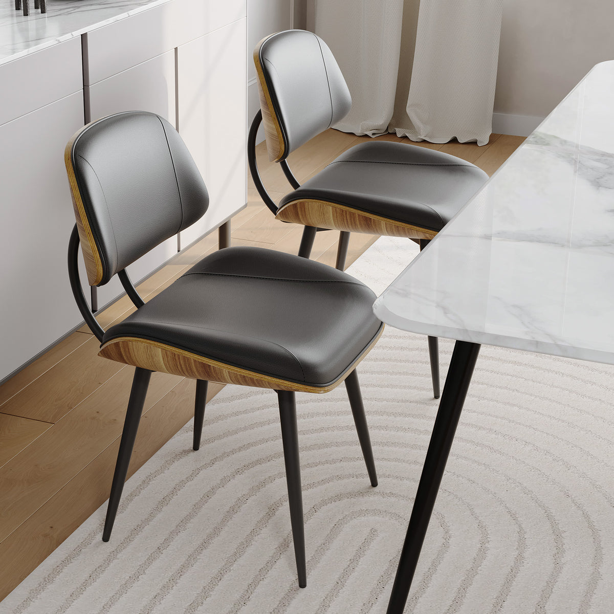 Walnut Bentwood Armless PU Leather Dining Chairs Set of 2, Black | PU leather seat with walnut bentwood back & metal legs, armless retro design, sturdy construction for dining & living room
