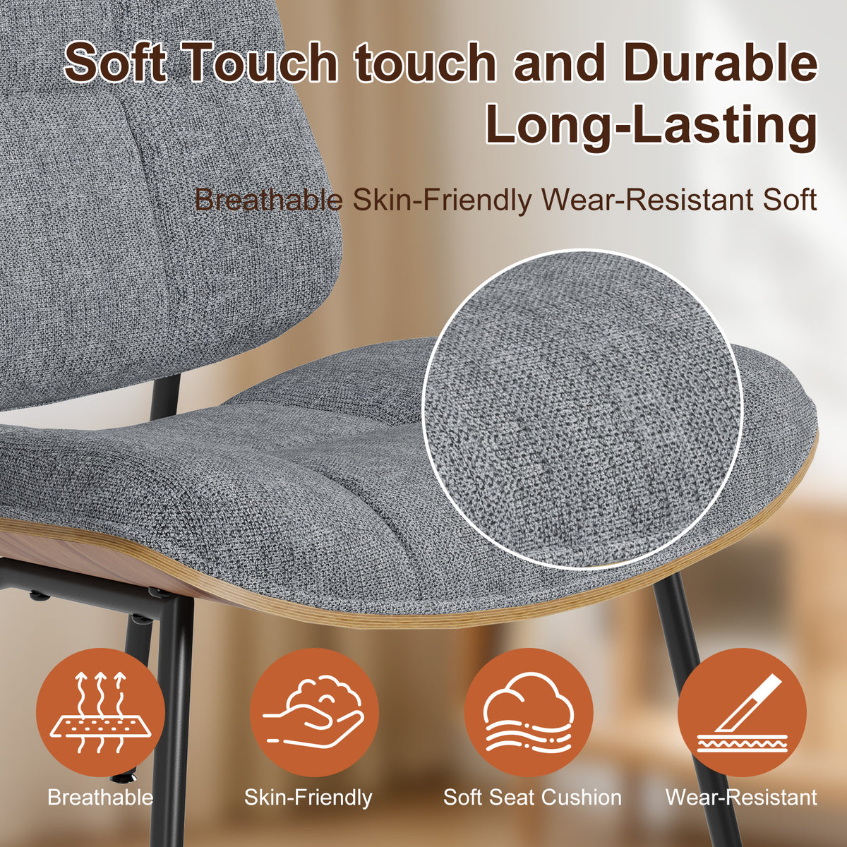 Mid-Century Modern Armless Accent Chair, Wide Tufted Chenille, Beige | Wide Seat for Cross-Legged Sitting, Tufted Bentwood Frame, Upholstered Chenille, Metal Legs, Living Room & Bedroom, 300LBS