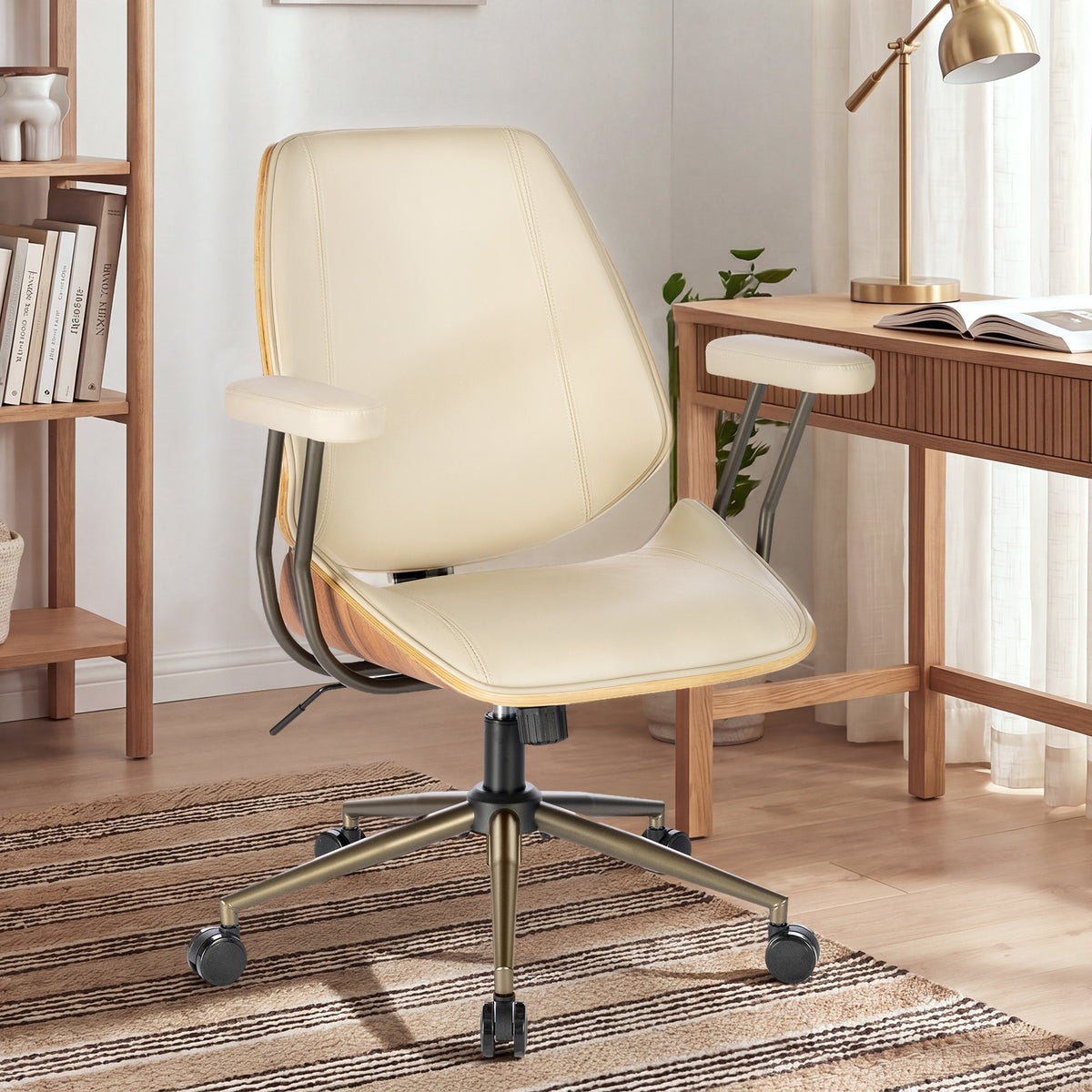 Modern Mid Back Office Chair, Adjustable Swivel Desk Chair with Arms, Black | Faux leather seat, wood accent detail, mid-back with padded armrests, adjustable swivel, for home office, bedroom & study