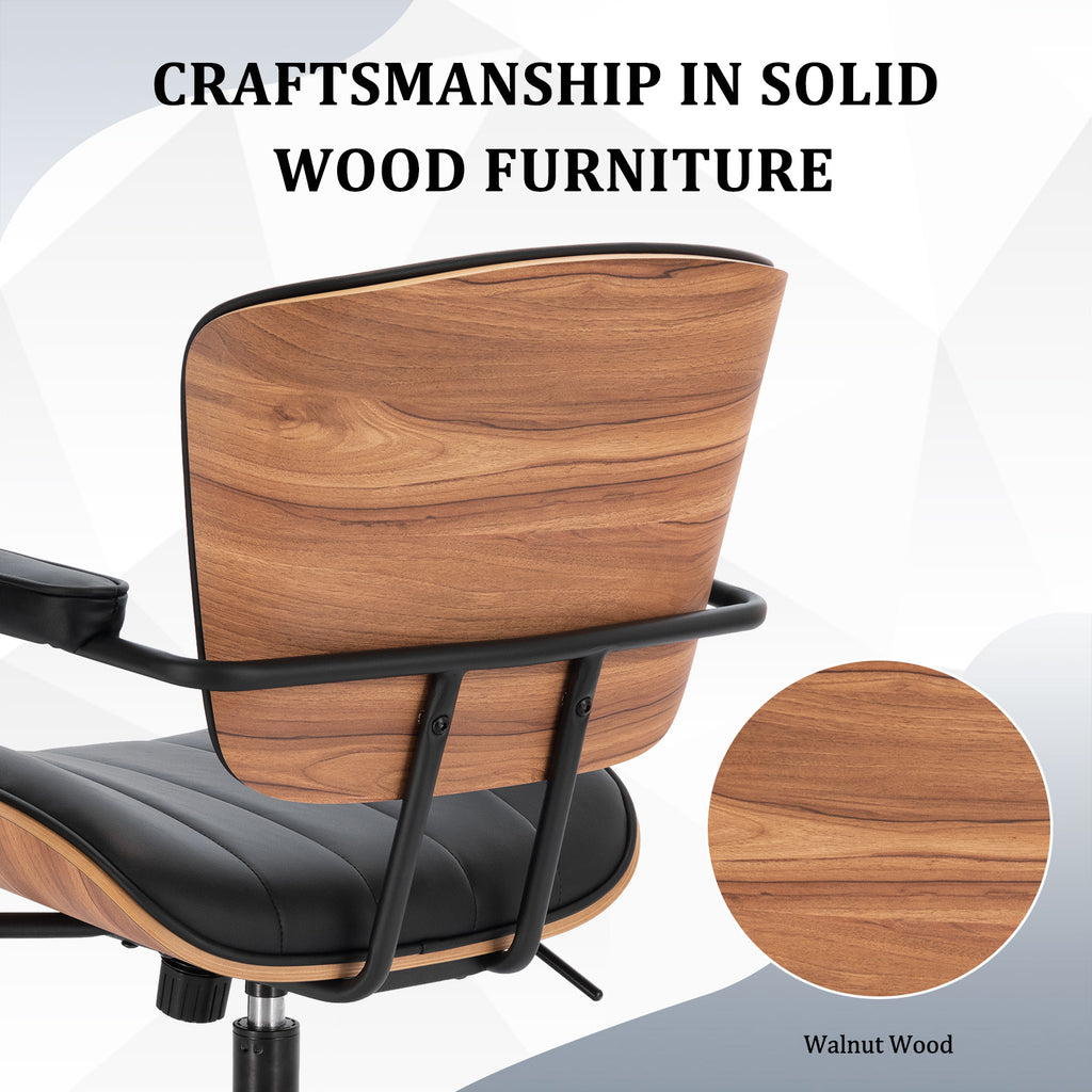 Mid Century Modern Walnut Leather Office Chair with Arms, Black | Fixed walnut bentwood back with armrests, height-adjustable swivel rolling base, PU leather seat, ideal for home office use