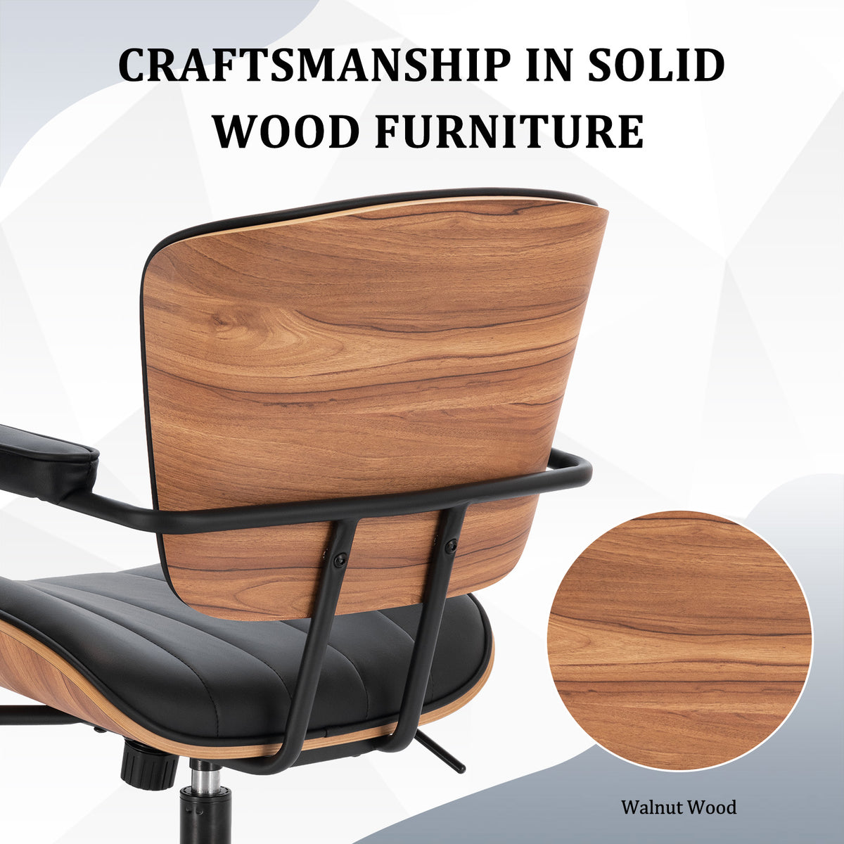 Mid Century Modern Walnut Leather Office Chair with Arms, Black | Fixed walnut bentwood back with armrests, height-adjustable swivel rolling base, PU leather seat, ideal for home office use