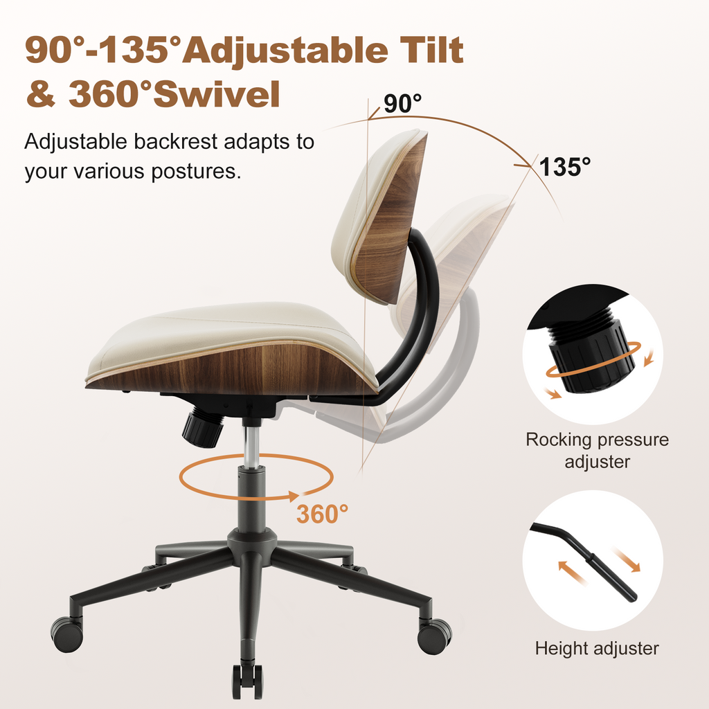 Armless Office Chair with Wheels, PU Leather Desk Chair, Black | Adjustable Height Task Chair, 360° Swivel Ergonomic Computer Chair for Small Space, Modern Walnut Style, Home & Meeting Room