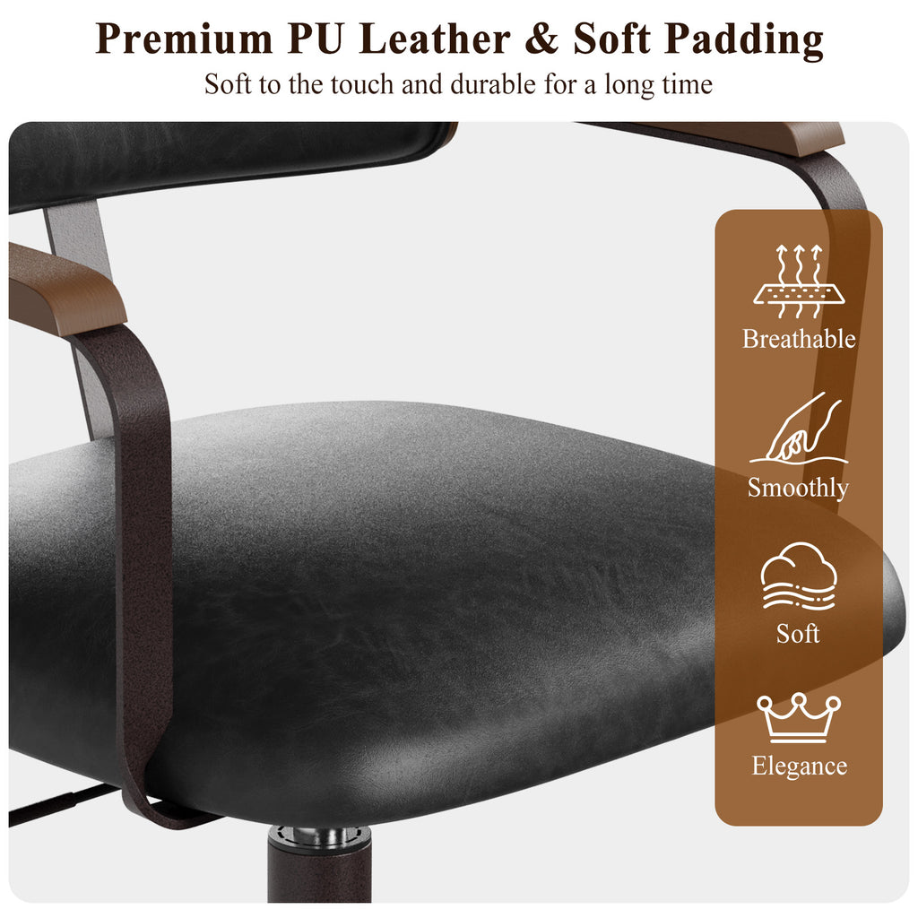 Mid-Century Modern Office Desk Chair Walnut Bentwood Brown | Wood Armrests, Walnut Bentwood Back, 360° Swivel, Height Adjustable, Quiet PU Wheels, Faux Leather, 300 lb Limit, Easy Clean
