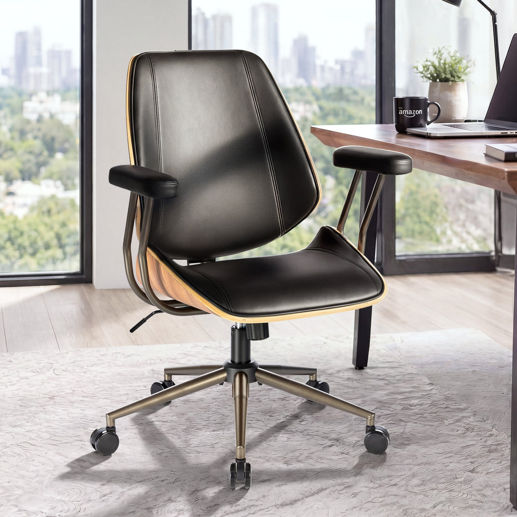 Modern Mid Back Office Chair, Adjustable Swivel Desk Chair with Arms, Black | Faux leather seat, wood accent detail, mid-back with padded armrests, adjustable swivel, for home office, bedroom & study