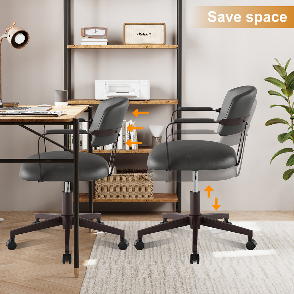 Quiet Small Modern Office Chair PU Leather Black | Padded Armrests, Curved Back Support, 360° Swivel, Height Adjustable, Quiet PU Wheels, Faux Leather, 300 lb Limit, Easy Clean