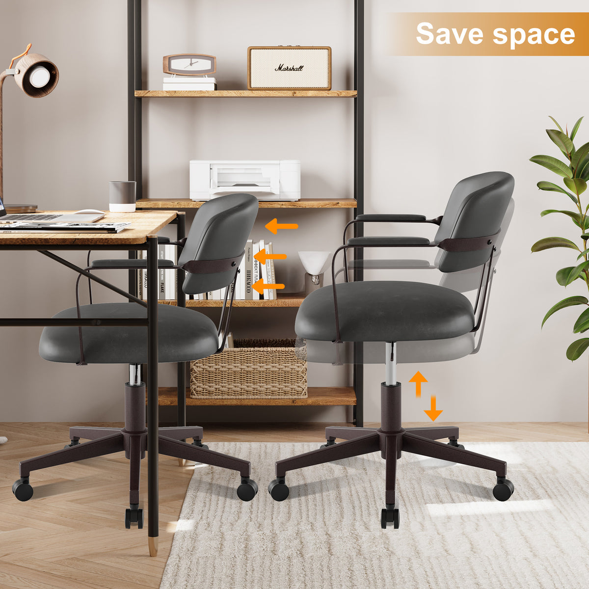 Quiet Small Modern Office Chair PU Leather Black | Padded Armrests, Curved Back Support, 360° Swivel, Height Adjustable, Quiet PU Wheels, Faux Leather, 300 lb Limit, Easy Clean