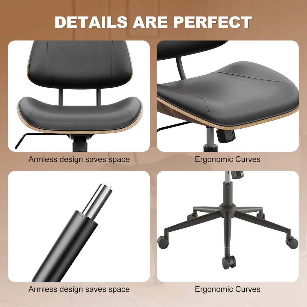 Armless Office Chair with Wheels, PU Leather Desk Chair, Black | Adjustable Height Task Chair, 360° Swivel Ergonomic Computer Chair for Small Space, Modern Walnut Style, Home & Meeting Room