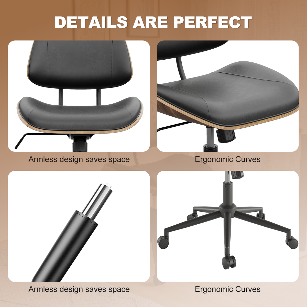 Armless Office Chair with Wheels, PU Leather Desk Chair, Black | Adjustable Height Task Chair, 360° Swivel Ergonomic Computer Chair for Small Space, Modern Walnut Style, Home & Meeting Room