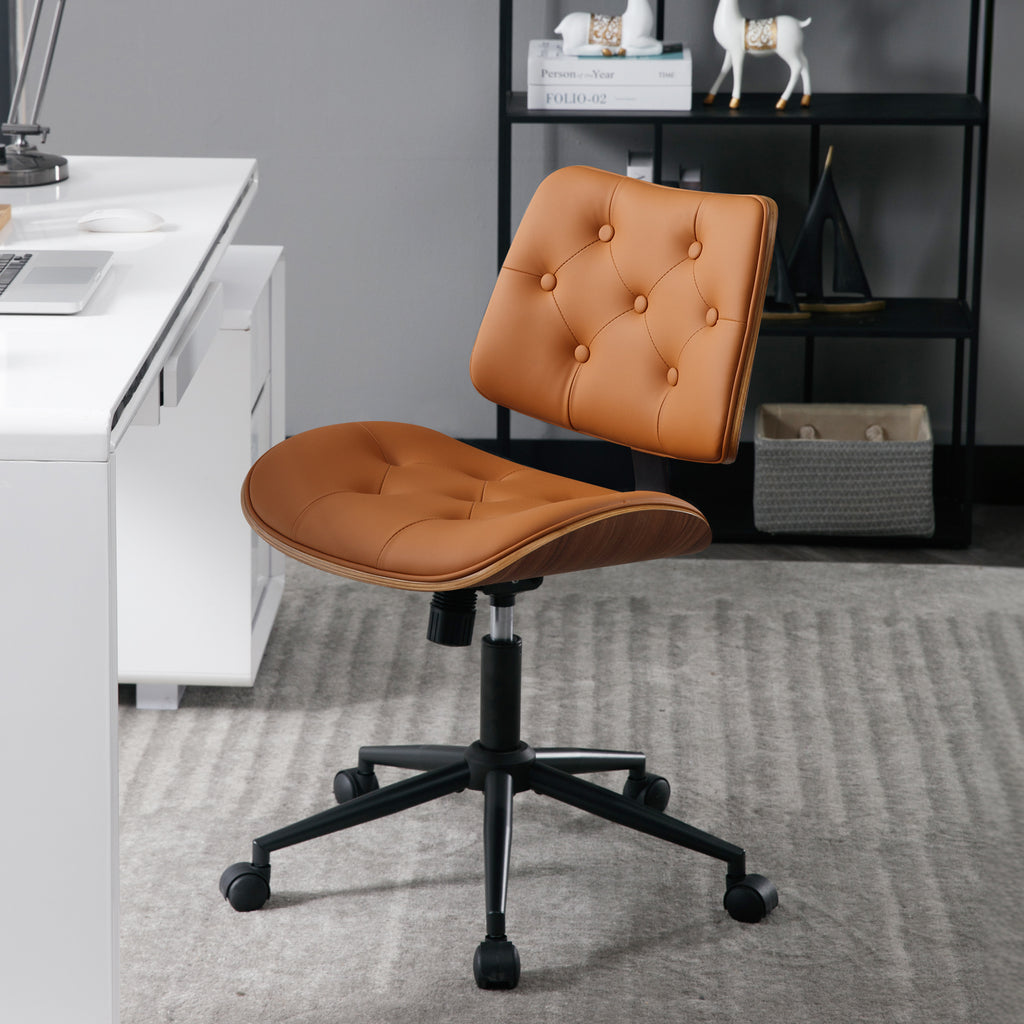 Armless Home Office Chair in Button Style, PU Leather Small, Black | PU Leather Adjustable Height Computer Desk Chair, 360 Swivel Small No Arms Office Seat, Walnut Design Stool, 300LBS Cap