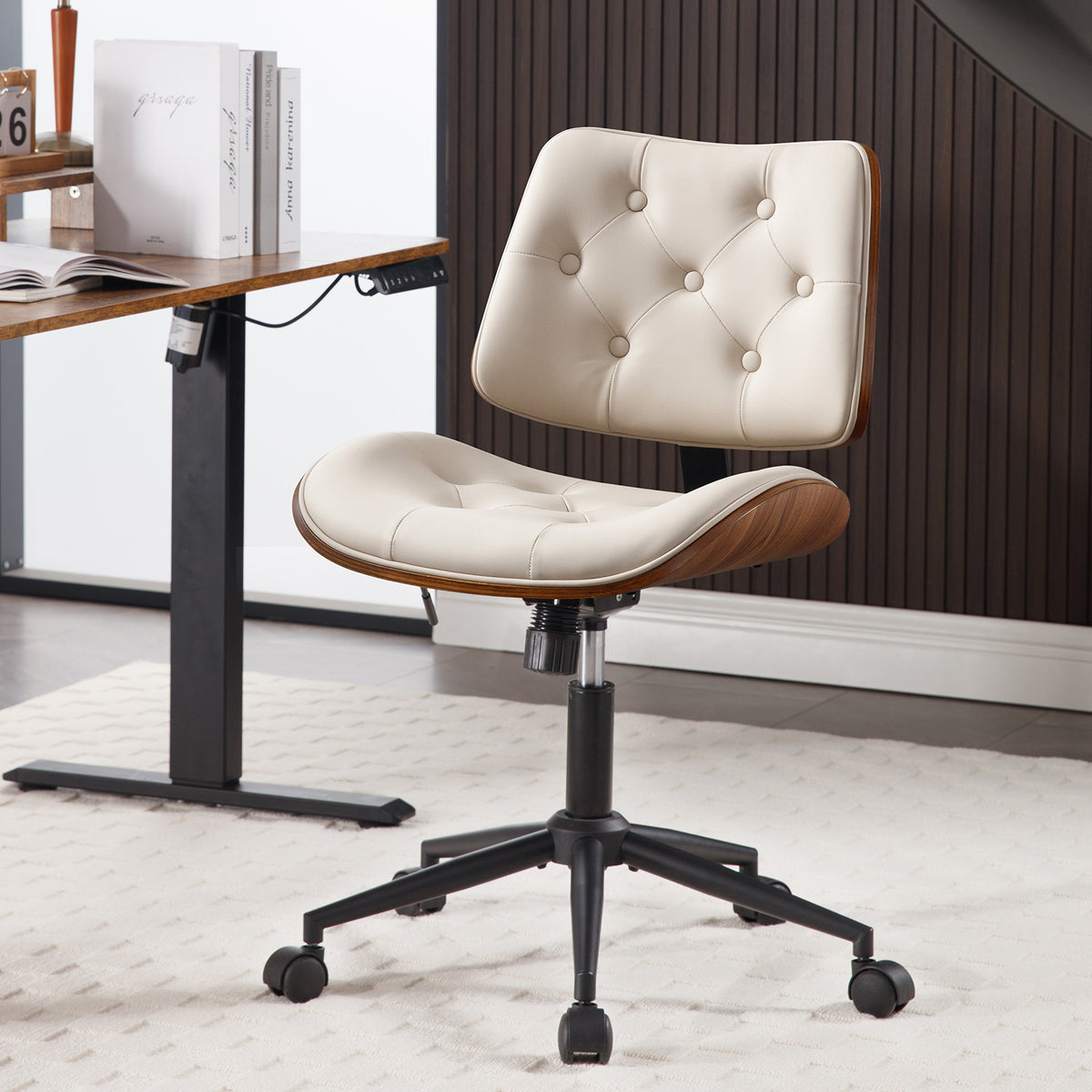 Armless Home Office Chair in Button Style, PU Leather Small, Black | PU Leather Adjustable Height Computer Desk Chair, 360 Swivel Small No Arms Office Seat, Walnut Design Stool, 300LBS Cap