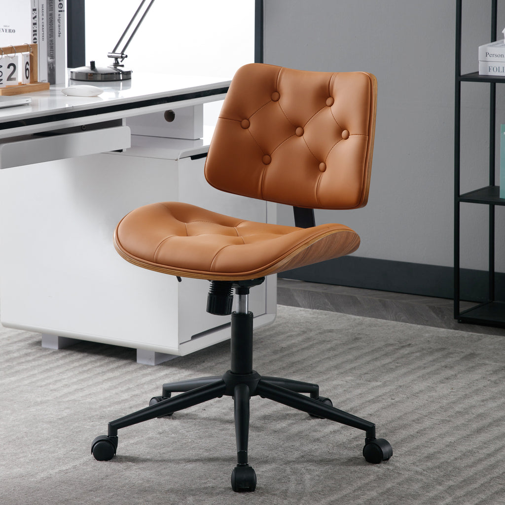 Armless Home Office Chair in Button Style, PU Leather Small, Black | PU Leather Adjustable Height Computer Desk Chair, 360 Swivel Small No Arms Office Seat, Walnut Design Stool, 300LBS Cap