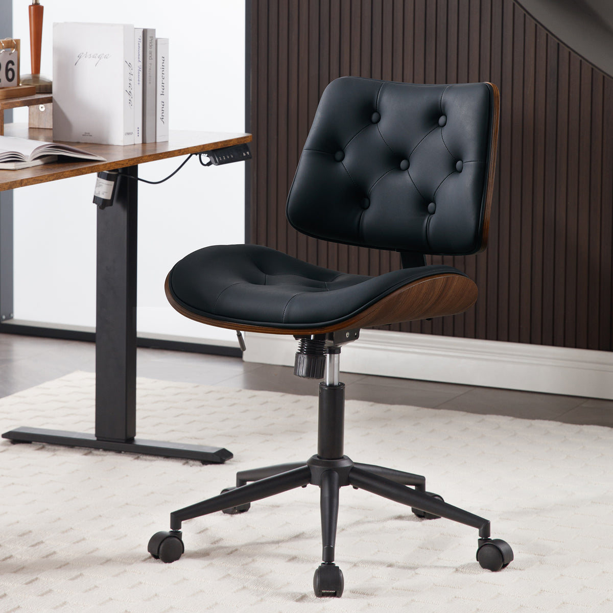 Armless Home Office Chair in Button Style, PU Leather Small, Black | PU Leather Adjustable Height Computer Desk Chair, 360 Swivel Small No Arms Office Seat, Walnut Design Stool, 300LBS Cap