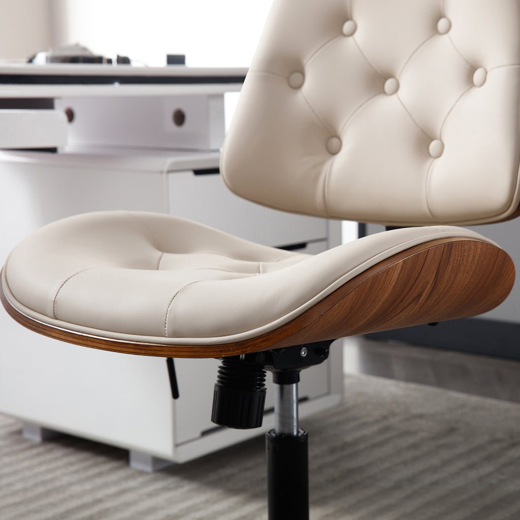 Armless Home Office Chair in Button Style, PU Leather Small, Black | PU Leather Adjustable Height Computer Desk Chair, 360 Swivel Small No Arms Office Seat, Walnut Design Stool, 300LBS Cap