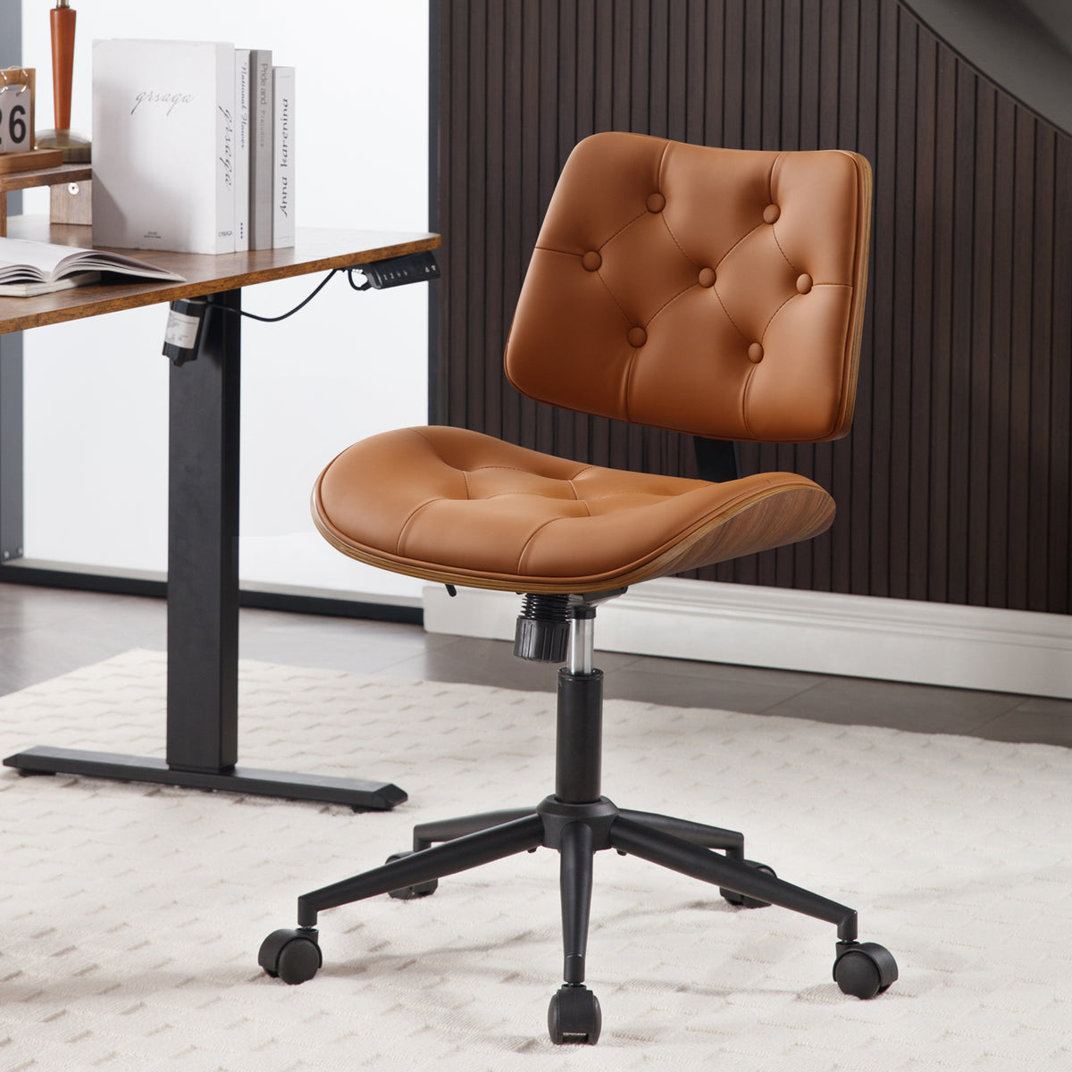 Armless Home Office Chair in Button Style, PU Leather Small, Black | PU Leather Adjustable Height Computer Desk Chair, 360 Swivel Small No Arms Office Seat, Walnut Design Stool, 300LBS Cap