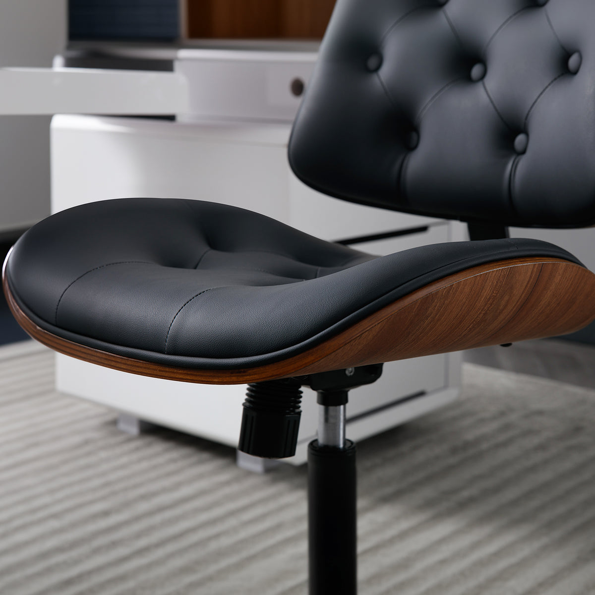 Armless Home Office Chair in Button Style, PU Leather Small, Black | PU Leather Adjustable Height Computer Desk Chair, 360 Swivel Small No Arms Office Seat, Walnut Design Stool, 300LBS Cap