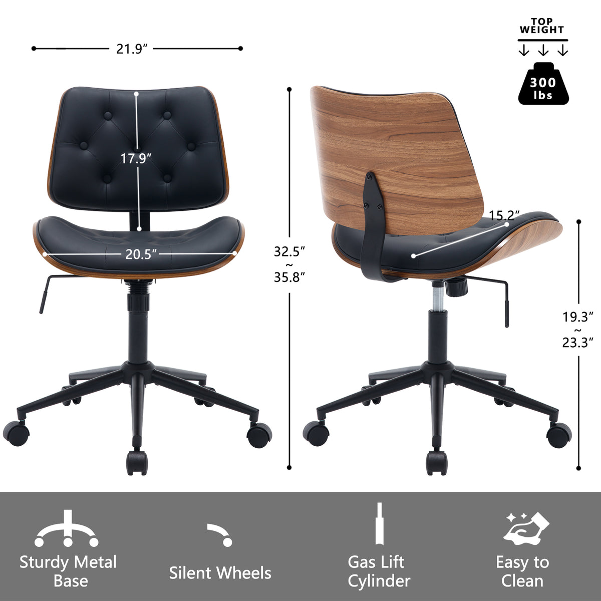 Armless Home Office Chair in Button Style, PU Leather Small, Black | PU Leather Adjustable Height Computer Desk Chair, 360 Swivel Small No Arms Office Seat, Walnut Design Stool, 300LBS Cap
