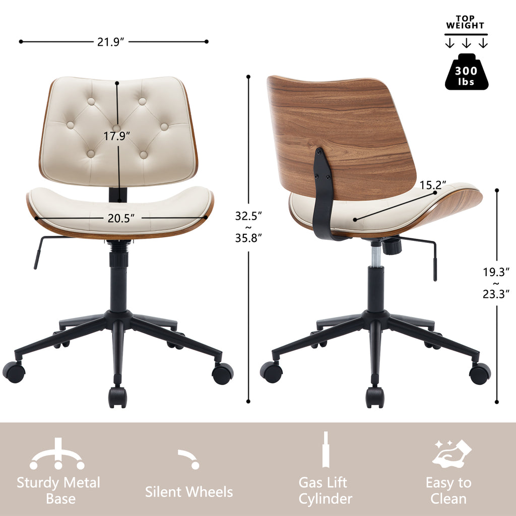Armless Home Office Chair in Button Style, PU Leather Small, Black | PU Leather Adjustable Height Computer Desk Chair, 360 Swivel Small No Arms Office Seat, Walnut Design Stool, 300LBS Cap