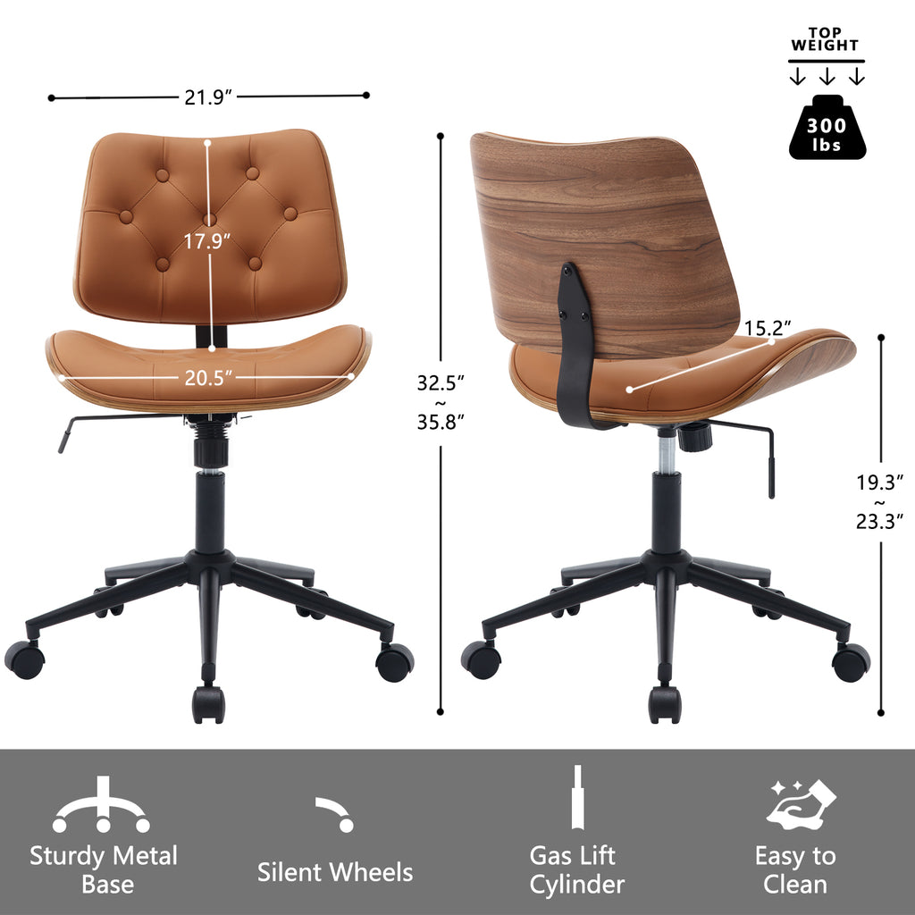 Armless Home Office Chair in Button Style, PU Leather Small, Black | PU Leather Adjustable Height Computer Desk Chair, 360 Swivel Small No Arms Office Seat, Walnut Design Stool, 300LBS Cap