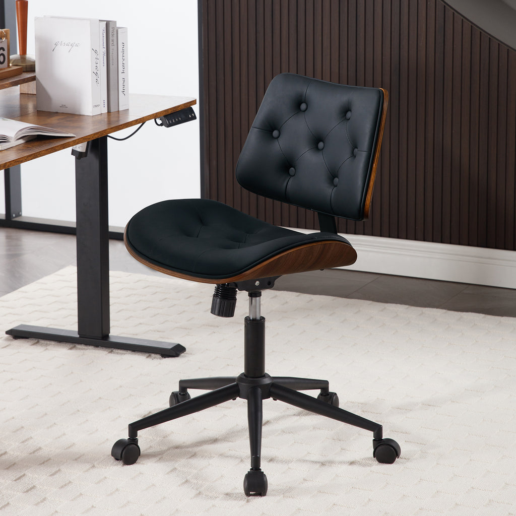 Armless Home Office Chair in Button Style, PU Leather Small, Black | PU Leather Adjustable Height Computer Desk Chair, 360 Swivel Small No Arms Office Seat, Walnut Design Stool, 300LBS Cap