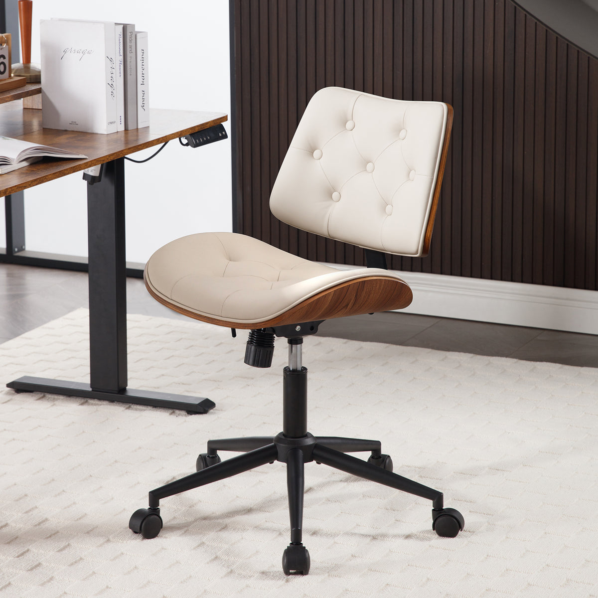 Armless Home Office Chair in Button Style, PU Leather Small, Black | PU Leather Adjustable Height Computer Desk Chair, 360 Swivel Small No Arms Office Seat, Walnut Design Stool, 300LBS Cap