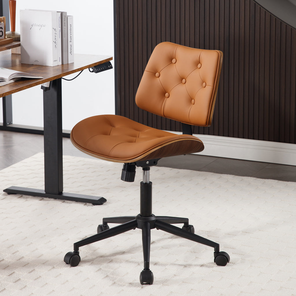 Armless Home Office Chair in Button Style, PU Leather Small, Black | PU Leather Adjustable Height Computer Desk Chair, 360 Swivel Small No Arms Office Seat, Walnut Design Stool, 300LBS Cap