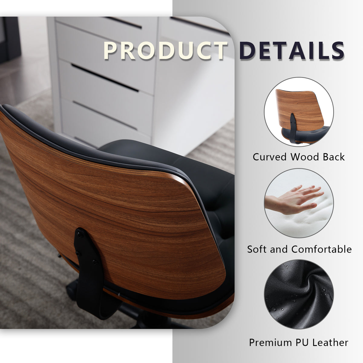 Armless Home Office Chair in Button Style, PU Leather Small, Black | PU Leather Adjustable Height Computer Desk Chair, 360 Swivel Small No Arms Office Seat, Walnut Design Stool, 300LBS Cap