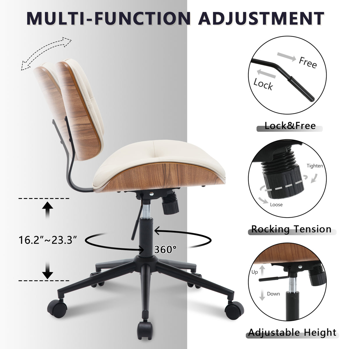 Armless Home Office Chair in Button Style, PU Leather Small, Black | PU Leather Adjustable Height Computer Desk Chair, 360 Swivel Small No Arms Office Seat, Walnut Design Stool, 300LBS Cap
