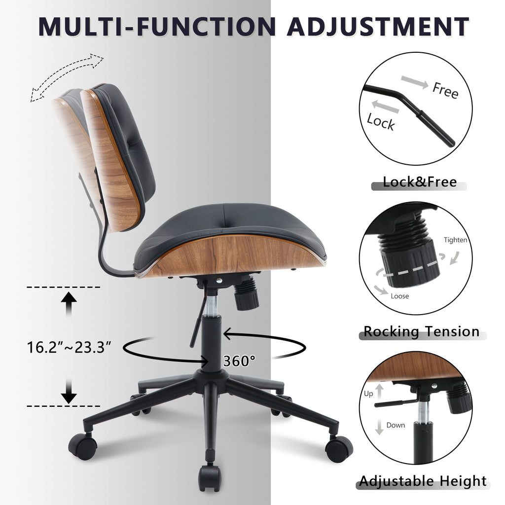 Armless Home Office Chair in Button Style, PU Leather Small, Black | PU Leather Adjustable Height Computer Desk Chair, 360 Swivel Small No Arms Office Seat, Walnut Design Stool, 300LBS Cap