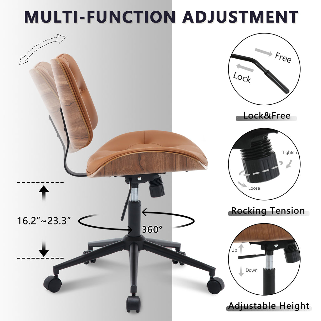Armless Home Office Chair in Button Style, PU Leather Small, Black | PU Leather Adjustable Height Computer Desk Chair, 360 Swivel Small No Arms Office Seat, Walnut Design Stool, 300LBS Cap