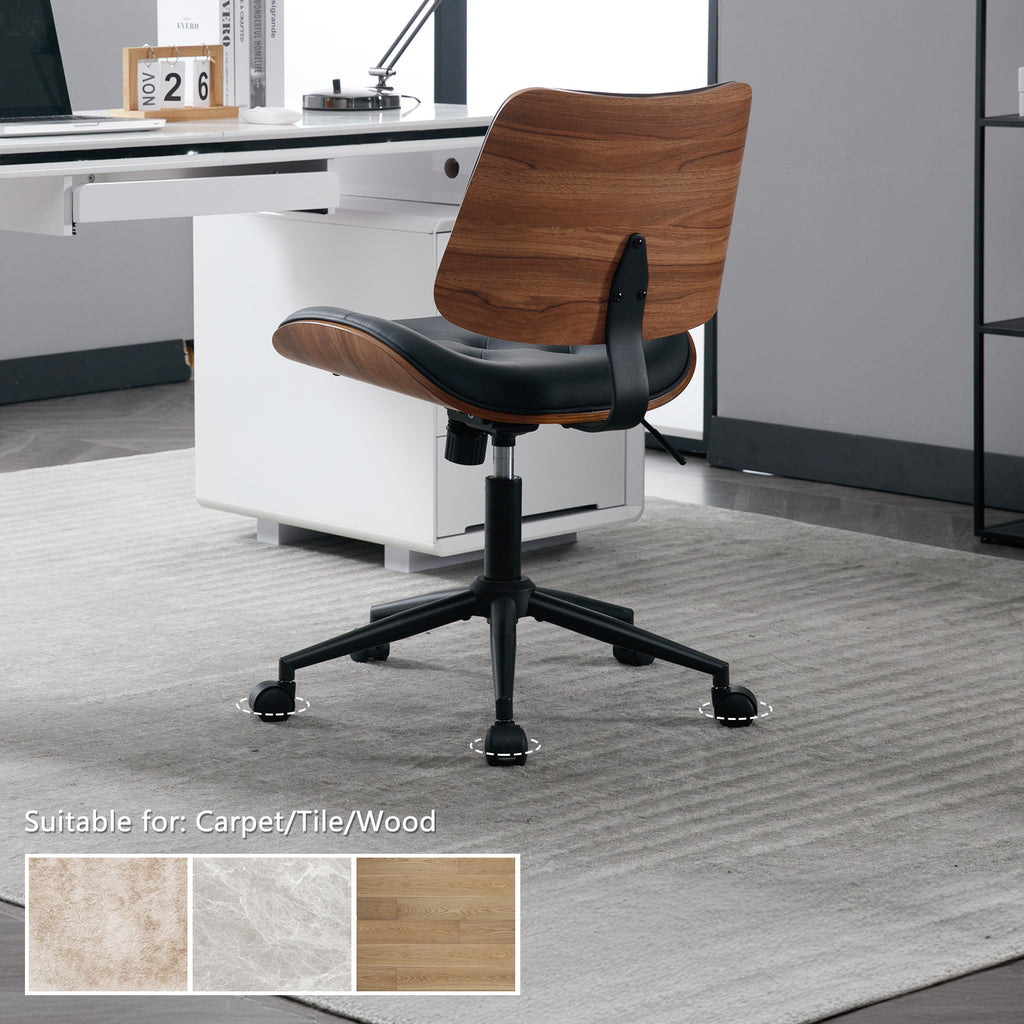 Armless Home Office Chair in Button Style, PU Leather Small, Black | PU Leather Adjustable Height Computer Desk Chair, 360 Swivel Small No Arms Office Seat, Walnut Design Stool, 300LBS Cap