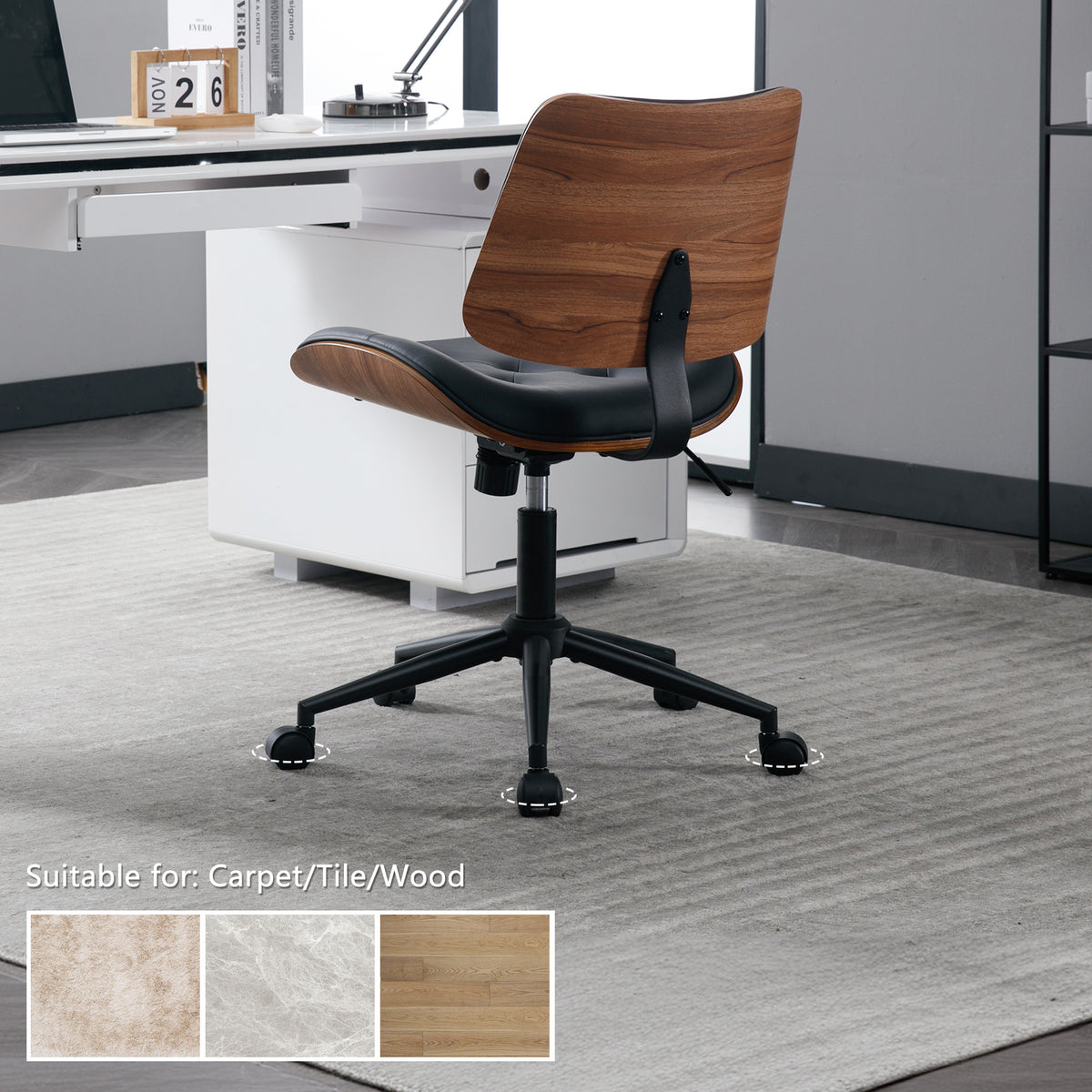 Armless Home Office Chair in Button Style, PU Leather Small, Black | PU Leather Adjustable Height Computer Desk Chair, 360 Swivel Small No Arms Office Seat, Walnut Design Stool, 300LBS Cap