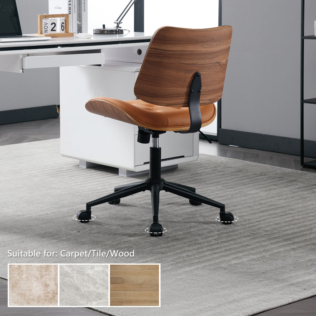 Armless Home Office Chair in Button Style, PU Leather Small, Black | PU Leather Adjustable Height Computer Desk Chair, 360 Swivel Small No Arms Office Seat, Walnut Design Stool, 300LBS Cap