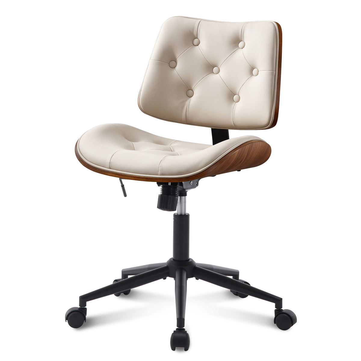Armless Home Office Chair in Button Style, PU Leather Small, Black | PU Leather Adjustable Height Computer Desk Chair, 360 Swivel Small No Arms Office Seat, Walnut Design Stool, 300LBS Cap