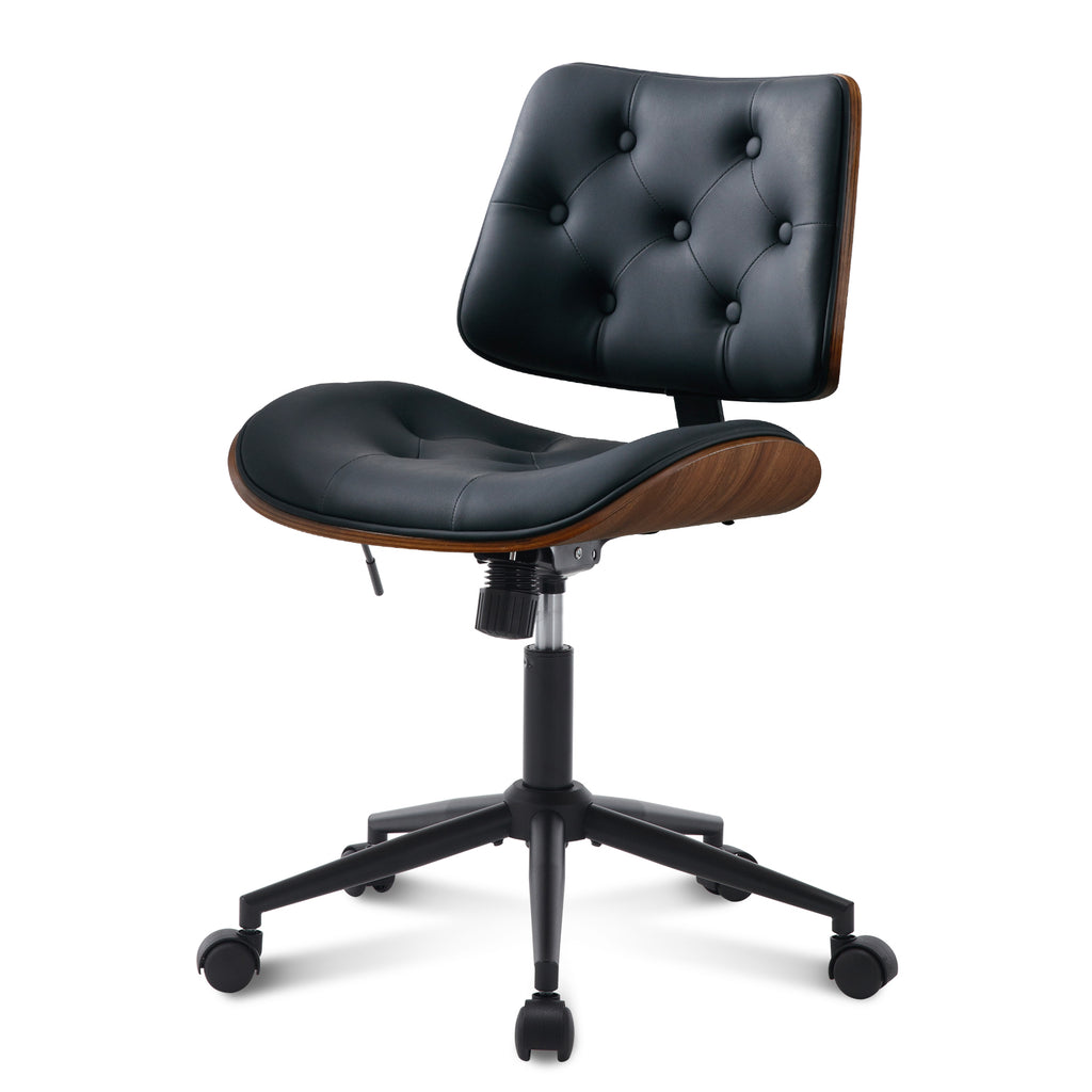 Armless Home Office Chair in Button Style, PU Leather Small, Black | PU Leather Adjustable Height Computer Desk Chair, 360 Swivel Small No Arms Office Seat, Walnut Design Stool, 300LBS Cap