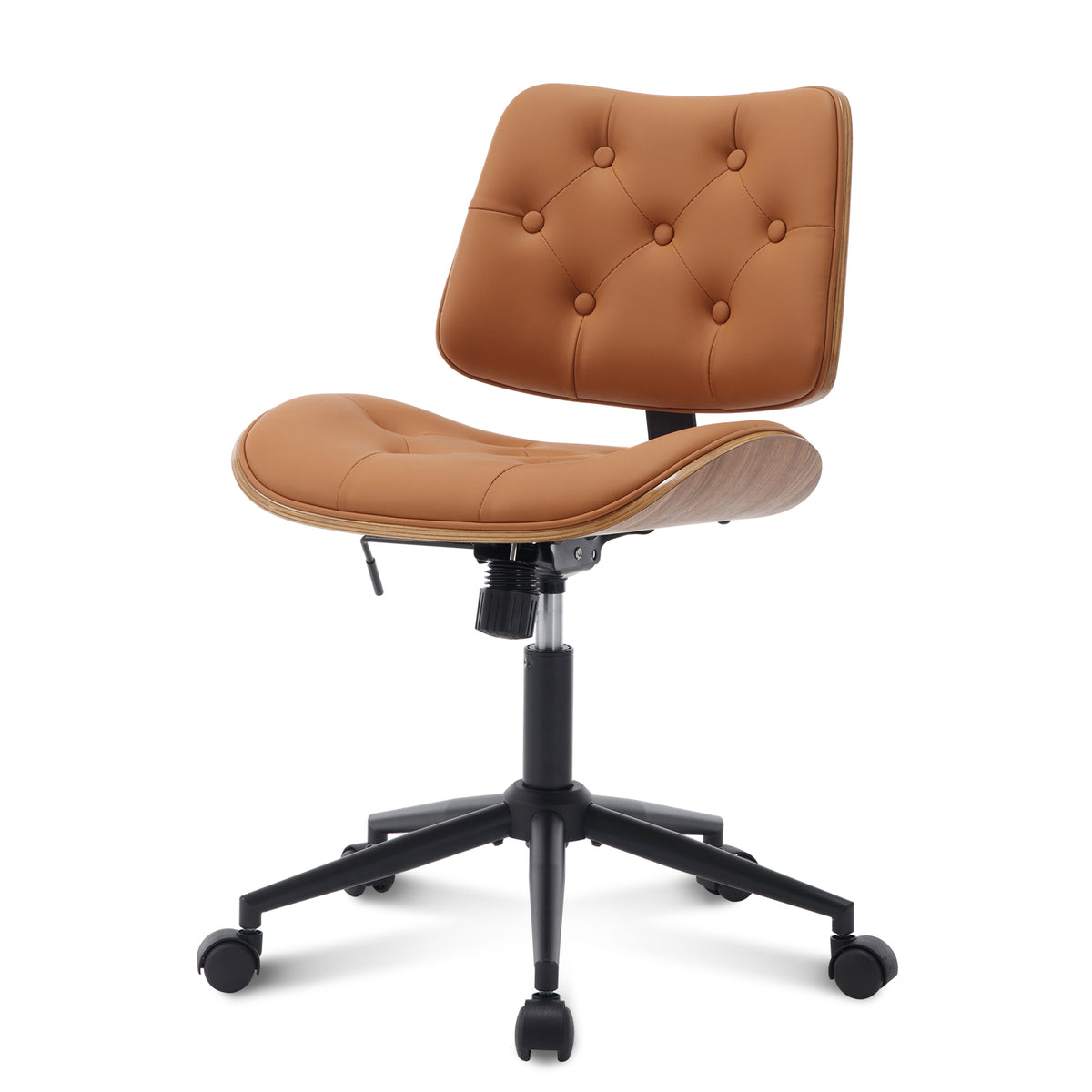 Armless Home Office Chair in Button Style, PU Leather Small, Black | PU Leather Adjustable Height Computer Desk Chair, 360 Swivel Small No Arms Office Seat, Walnut Design Stool, 300LBS Cap