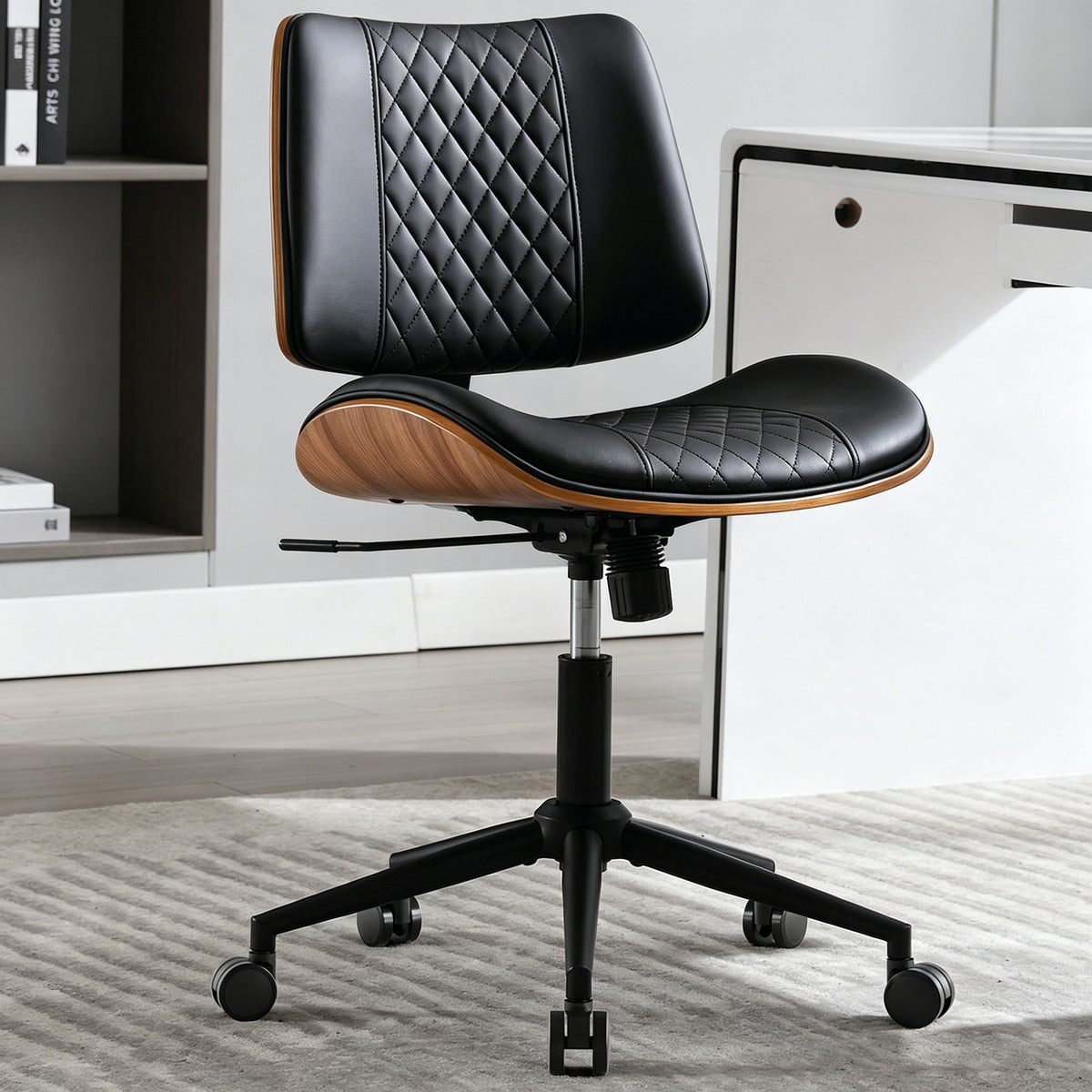 Home Office Chair No Arms with Wheels, Adjustable Height PU Leather Mid Back Desk Chair, 360° Swivel Armless Walnut Computer Chair for Office, Reading or Meeting Room, 300LBS Capacity, Beige