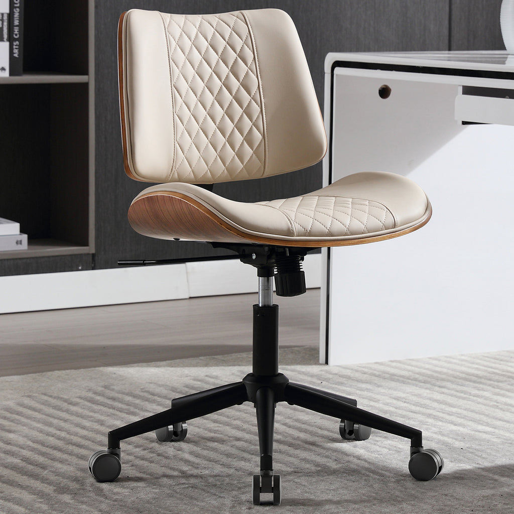 Home Office Chair No Arms with Wheels, Adjustable Height PU Leather Mid Back Desk Chair, 360° Swivel Armless Walnut Computer Chair for Office, Reading or Meeting Room, 300LBS Capacity, Beige