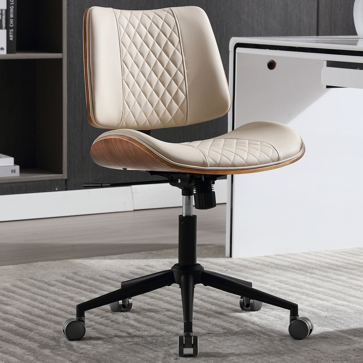 Home Office Chair No Arms with Wheels, Adjustable Height PU Leather Mid Back Desk Chair, 360° Swivel Armless Walnut Computer Chair for Office, Reading or Meeting Room, 300LBS Capacity, Beige
