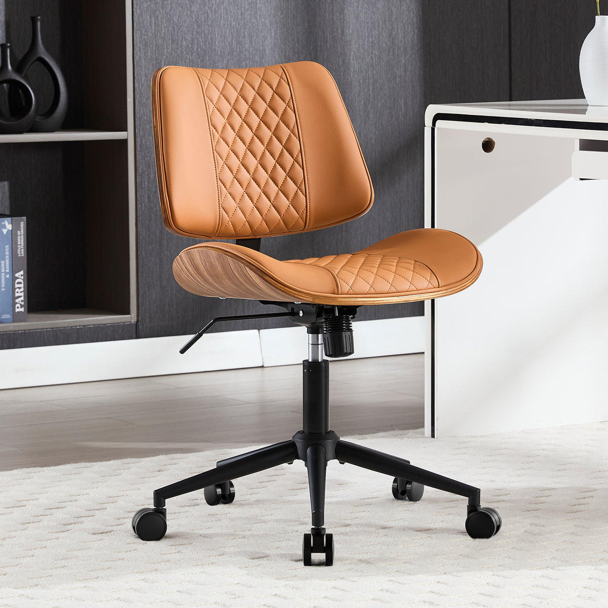 Home Office Chair No Arms with Wheels, Adjustable Height PU Leather Mid Back Desk Chair, 360° Swivel Armless Walnut Computer Chair for Office, Reading or Meeting Room, 300LBS Capacity, Beige
