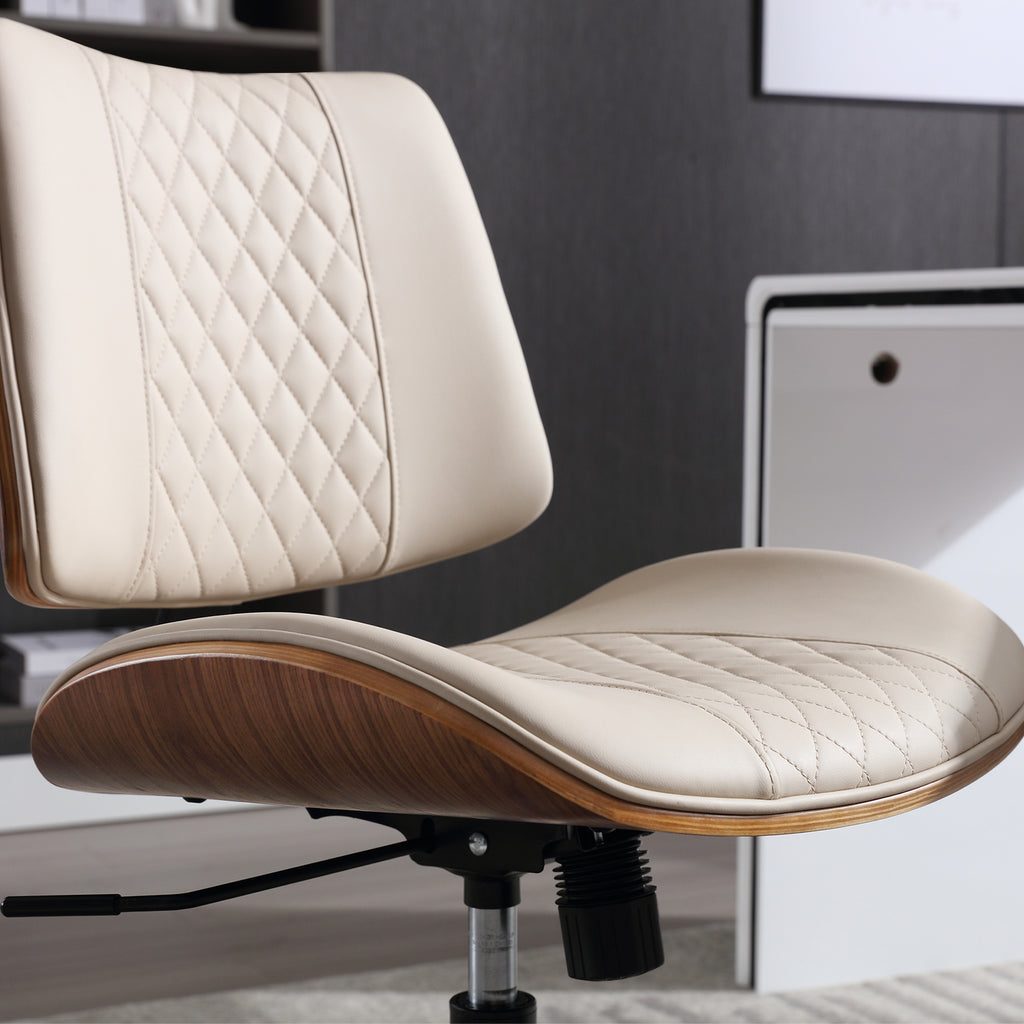 Home Office Chair No Arms with Wheels, Adjustable Height PU Leather Mid Back Desk Chair, 360° Swivel Armless Walnut Computer Chair for Office, Reading or Meeting Room, 300LBS Capacity, Beige