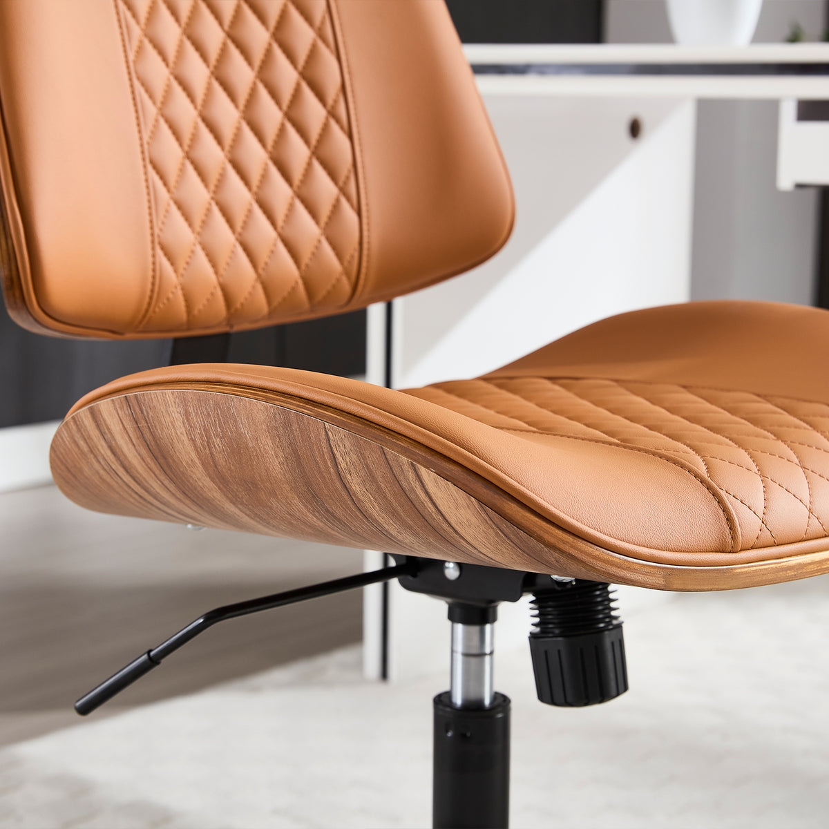 Home Office Chair No Arms with Wheels, Adjustable Height PU Leather Mid Back Desk Chair, 360° Swivel Armless Walnut Computer Chair for Office, Reading or Meeting Room, 300LBS Capacity, Beige
