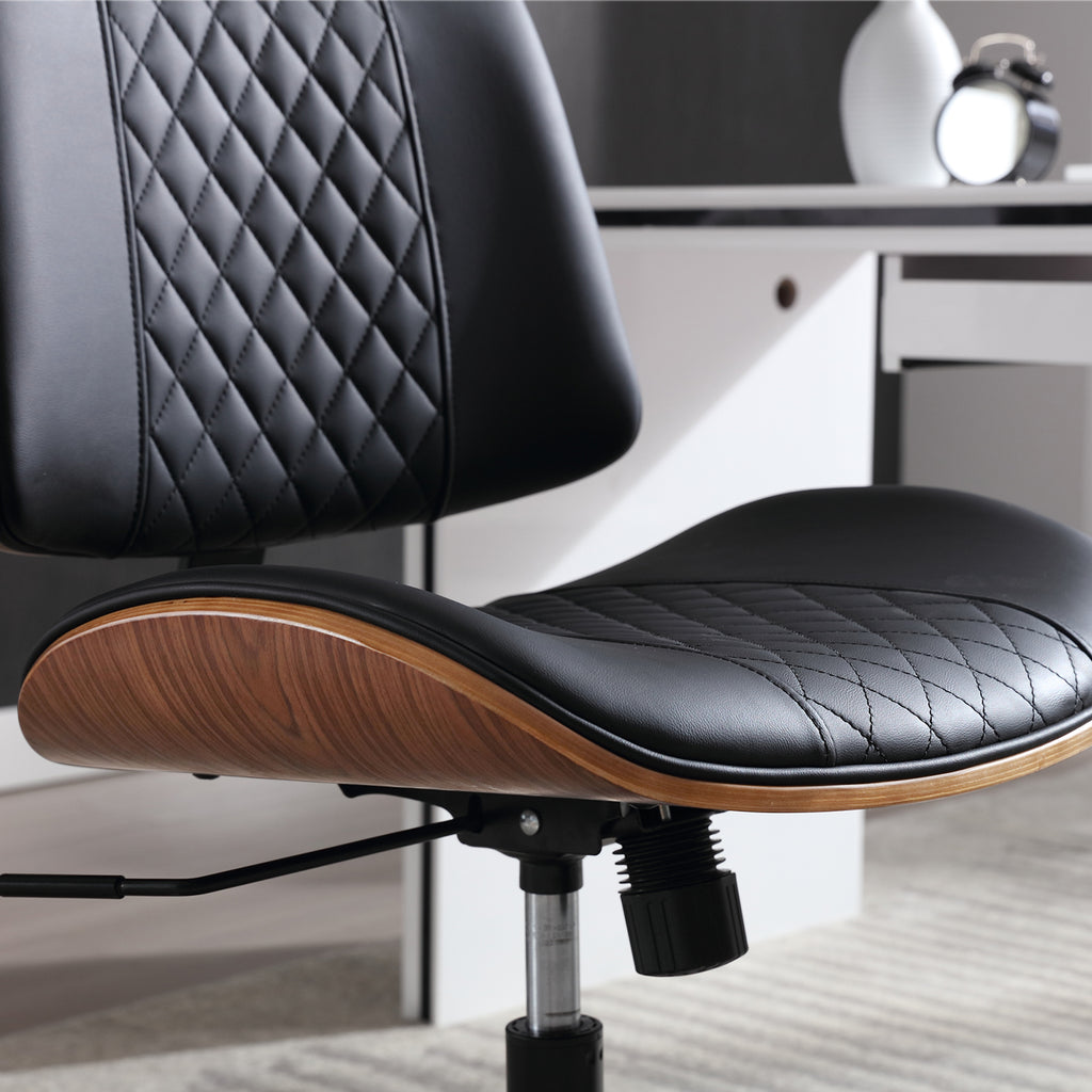 Home Office Chair No Arms with Wheels, Adjustable Height PU Leather Mid Back Desk Chair, 360° Swivel Armless Walnut Computer Chair for Office, Reading or Meeting Room, 300LBS Capacity, Beige