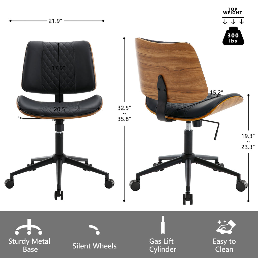 Home Office Chair No Arms with Wheels, Adjustable Height PU Leather Mid Back Desk Chair, 360° Swivel Armless Walnut Computer Chair for Office, Reading or Meeting Room, 300LBS Capacity, Beige