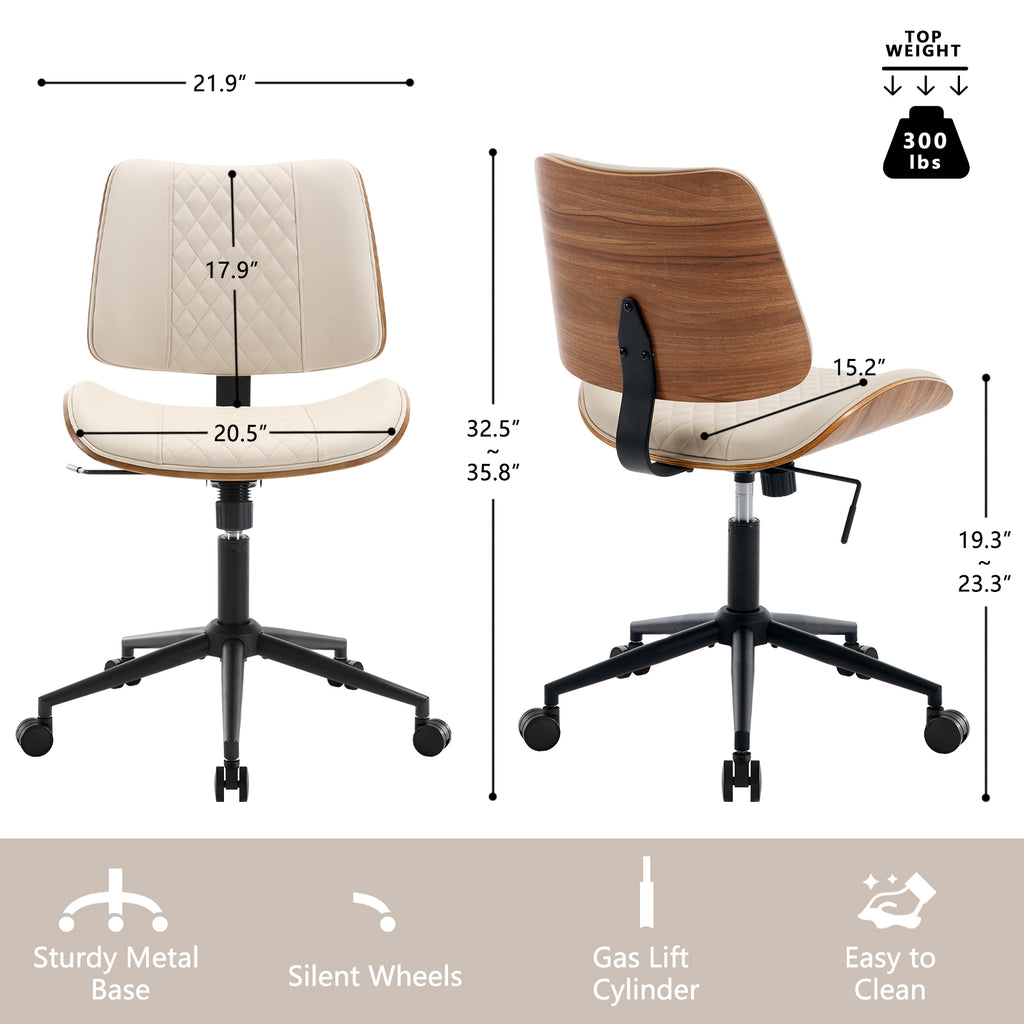 Home Office Chair No Arms with Wheels, Adjustable Height PU Leather Mid Back Desk Chair, 360° Swivel Armless Walnut Computer Chair for Office, Reading or Meeting Room, 300LBS Capacity, Beige
