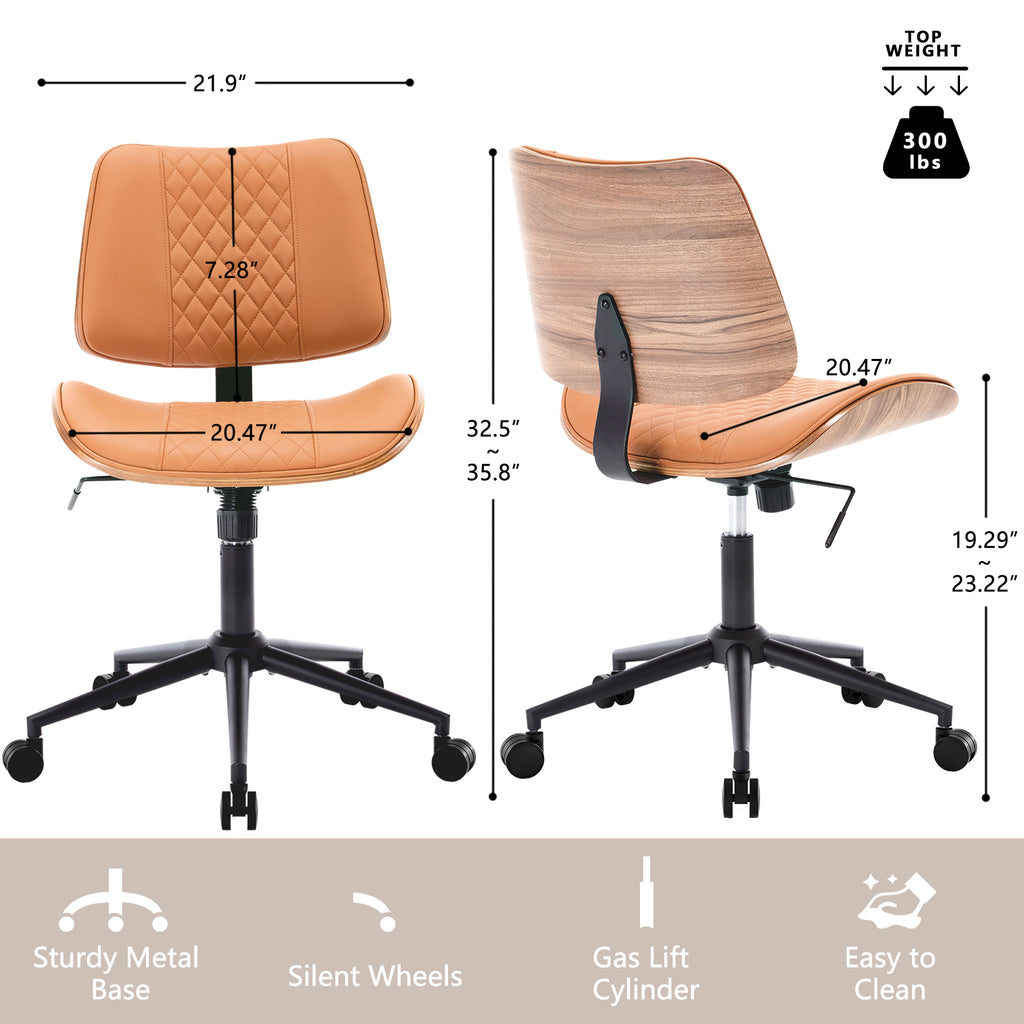 Home Office Chair No Arms with Wheels, Adjustable Height PU Leather Mid Back Desk Chair, 360° Swivel Armless Walnut Computer Chair for Office, Reading or Meeting Room, 300LBS Capacity, Beige